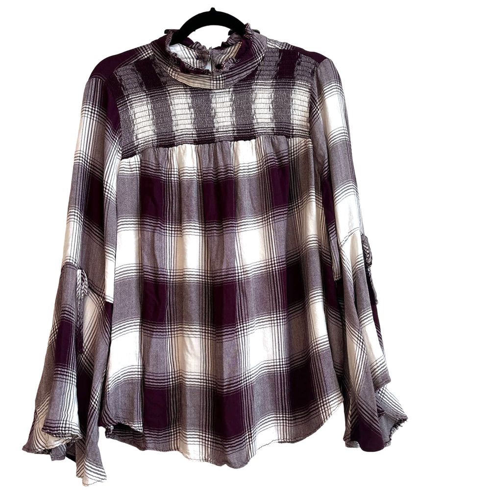 Lane Bryant Sz 16 Burgundy and White Gingham Plaid Long, Bell Sleeves Blouse